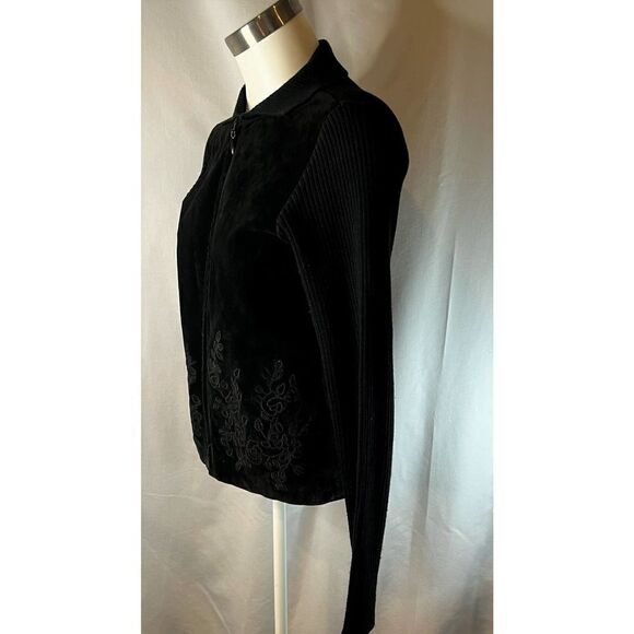 Black Suede Floral Embroidered Jacket Ribbed Knit Sleeves Full Zip Up - Picture 4 of 10